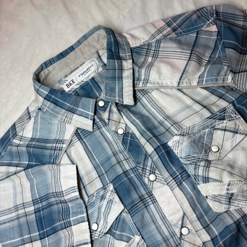 BKE Mens Blue White Plaid Western Pearl Snap Short Sleeve‎ Shirt XL 11805SFPW
